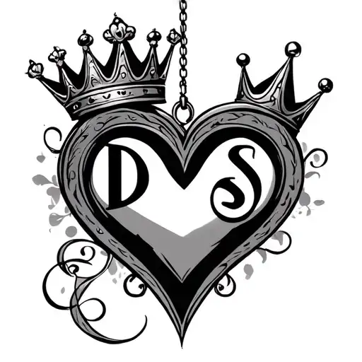 "DS" heart and crown hanging tattoo design idea