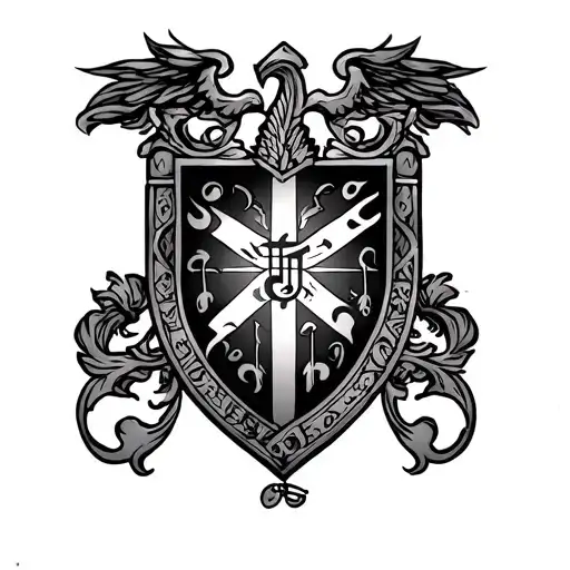 Black and grey on my forearm capturing the hyrulean crest (Zelda), the Portuguese crest, filled in with symbols of music tattoo design idea
