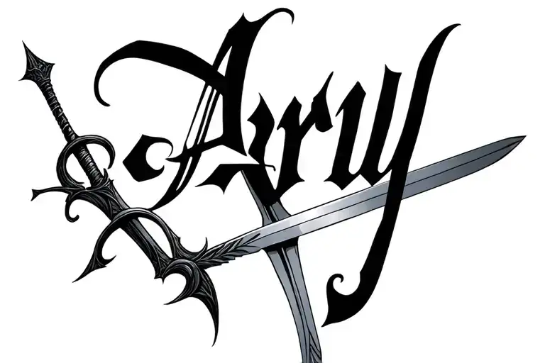 the name arya written with arya starks sword tattoo design idea