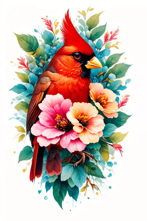 cardinal with flowers tattoo design idea
