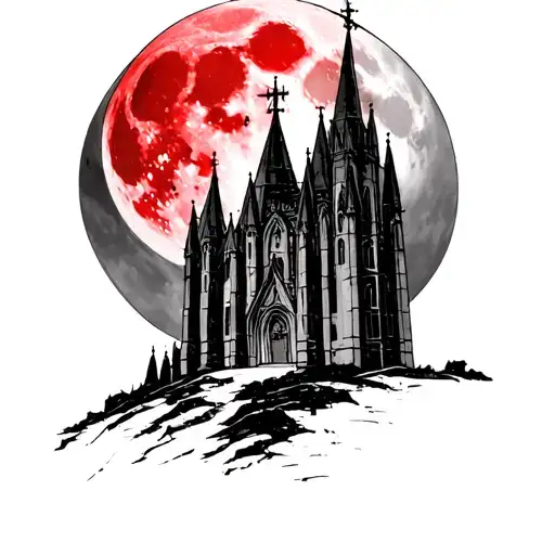 red full moon in foreground, ontop a gothic catherdral dark tone  tattoo design idea