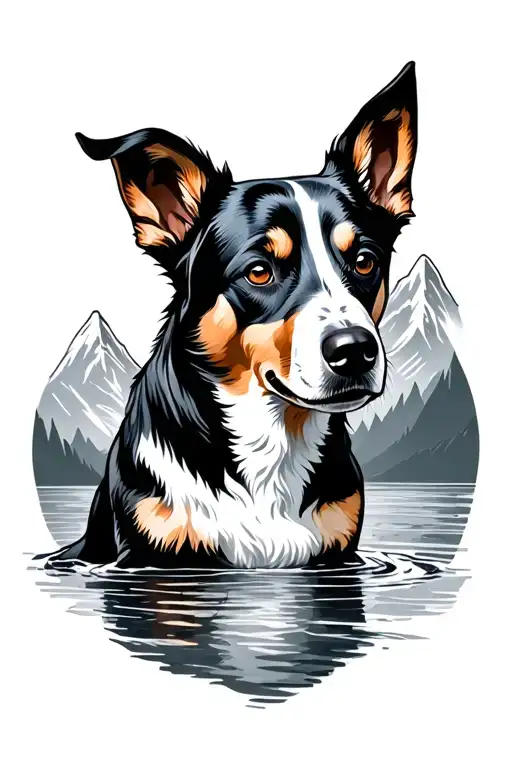 Dog, river and mountains tattoo design idea