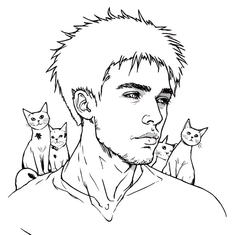 punk rock young man with gang of cats tattoo design idea