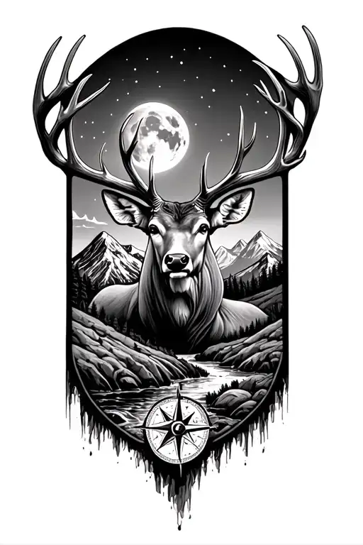 mountains with a stream, moonlight, torn u.s flag, mule deer buck with drop tin,old not all who wonder are lost compass  tattoo design idea