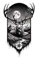 mountains with a stream, moonlight, torn u.s flag, mule deer buck with drop tin,old not all who wonder are lost compass  tattoo design idea