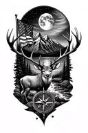 mountains with a stream, moonlight, torn u.s flag, mule deer buck with drop tin,old not all who wonder are lost compass  tattoo design idea
