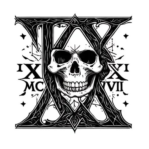 "IX XXI MCMXCVIII" half skull tattoo design idea