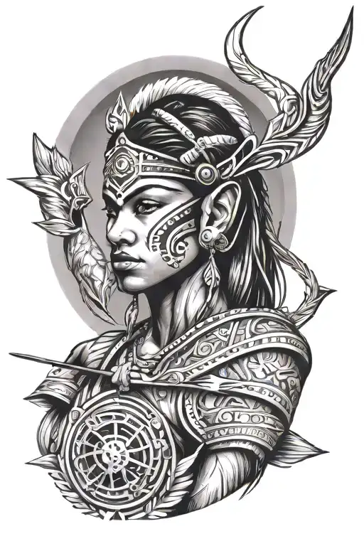 tattoo of oxóssi, brazilian indian, caboclo das mata, holding a bow and arrow tattoo design idea
