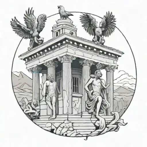 A temple from Greek mythology from the front with statues of Spartan warriors. On the roof an eagle appears. tattoo design idea