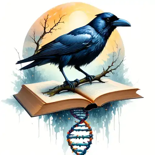 raven with a branch that fades into a dna molecule standing on a book tattoo design idea