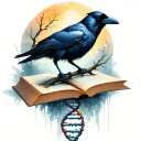raven with a branch that fades into a dna molecule standing on a book tattoo design idea