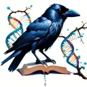 raven with a branch that fades into a dna molecule standing on a book tattoo design idea
