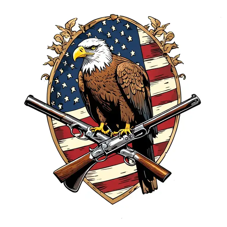 Bald Eagle perched on 2 old muskets crossed like an X with an American flag waving in the background. tattoo design idea