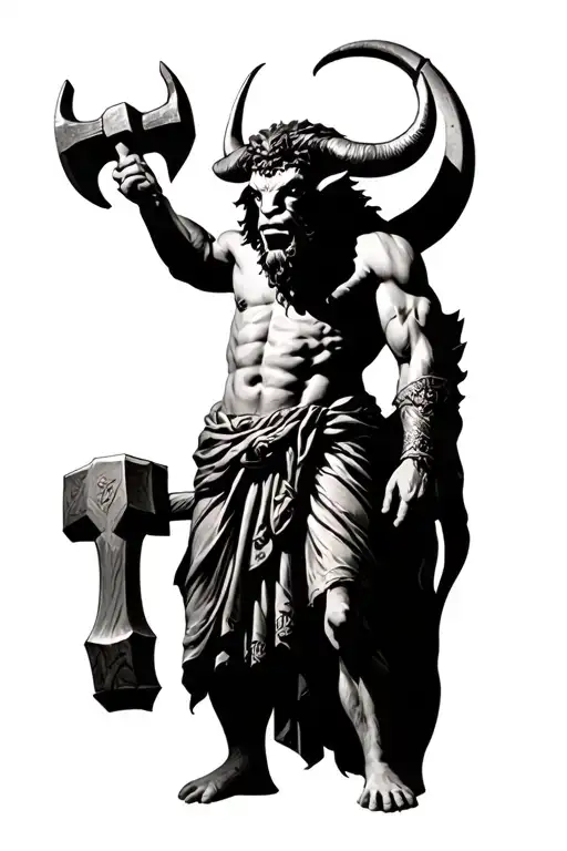 Greek Minotaur holding hammer standing tall only 2 legs tattoo design idea