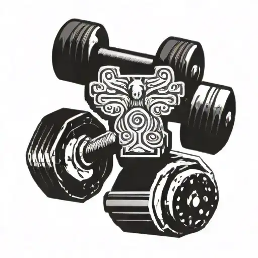 A stylized dumbbell with Greek motifs representing powerlifting tattoo design idea