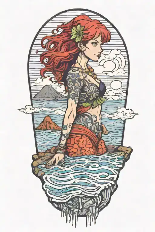 female, red hair, hawaii, volcano, sea turles tattoo design idea