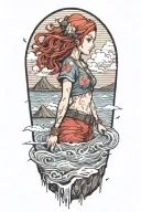 female, red hair, hawaii, volcano, sea turles tattoo design idea