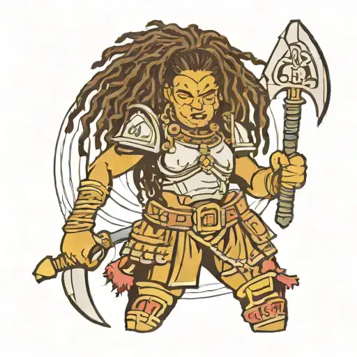 Curvy bi-racial female warrior with dreadlocks in two armor and war paint on her face holding wielding two axes in a war tattoo design idea