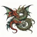 dragons with snake heads surrounded by skulls facing each other and souls tattoo design idea