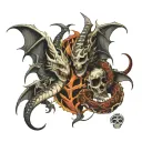 dragons with snake heads surrounded by skulls facing each other and souls tattoo design idea