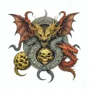 dragons with snake heads surrounded by skulls facing each other and souls tattoo design idea