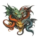 dragons with snake heads surrounded by skulls facing each other and souls tattoo design idea