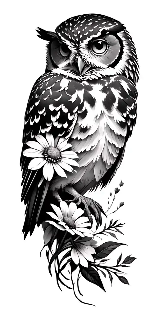 A minimalist full sleeve tattoo for a woman featuring a perched owl nestled among wildflowers on the upper arm, flowing  tattoo design idea