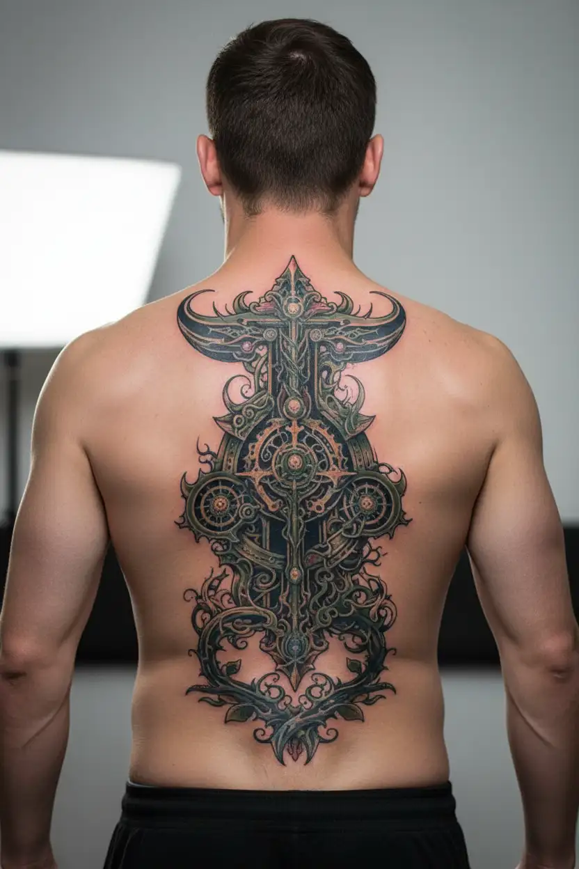 arm sleeve tattoo, techno matrix and druidic merged tattoo design idea