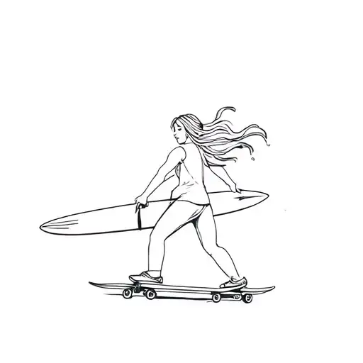 small black tatto with small details. create a girl who is skateboarding and holding a surfboard. ocean, summer vibes tattoo design idea