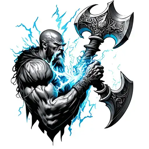 God of war tattoo, Kratos vs Thor, leviathan axe clashing with Thor’s hammer creating frozen lightning bolt, inner bicep tattoo design idea