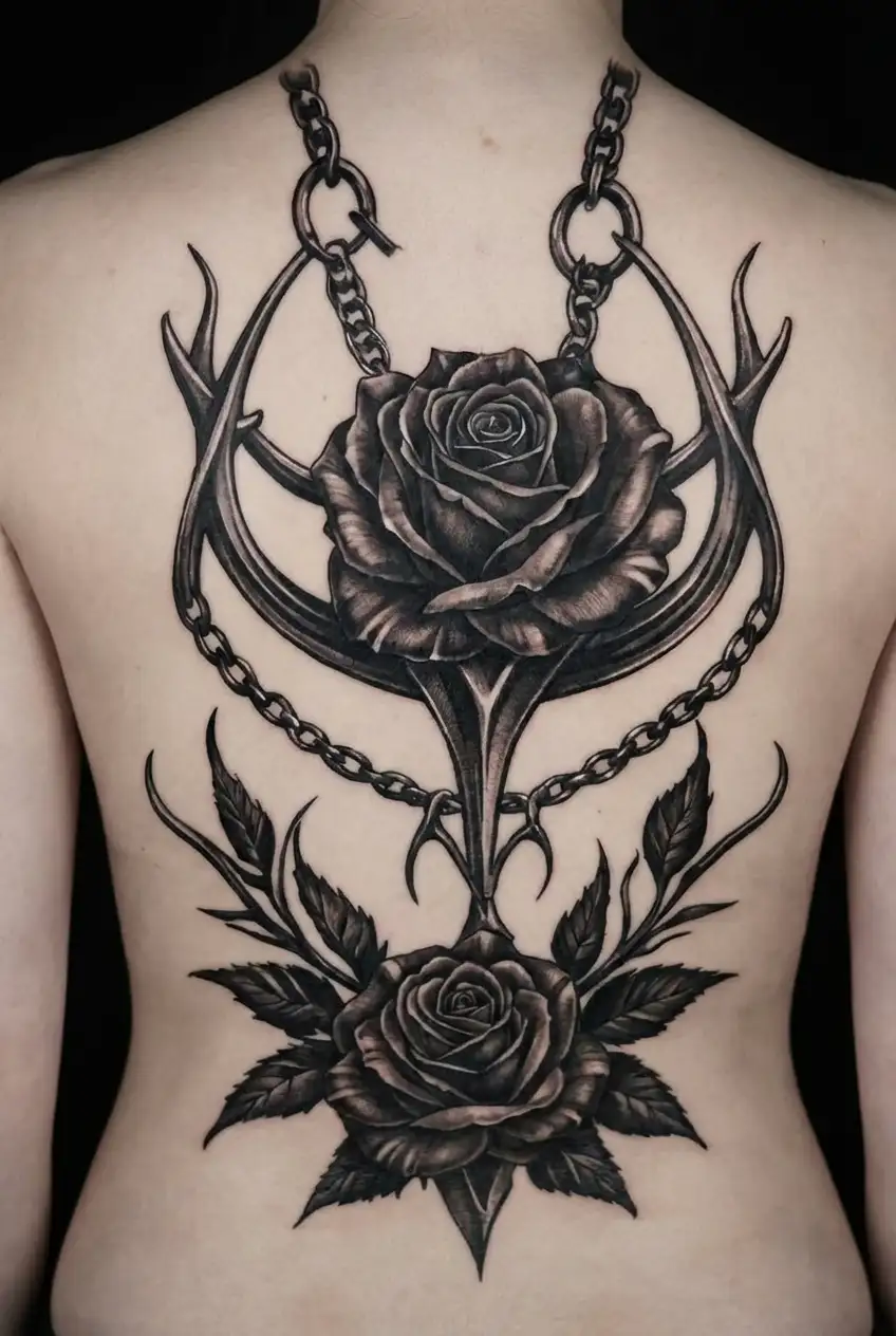 lucifer sigil necklace wrapped with red rose tattoo design idea