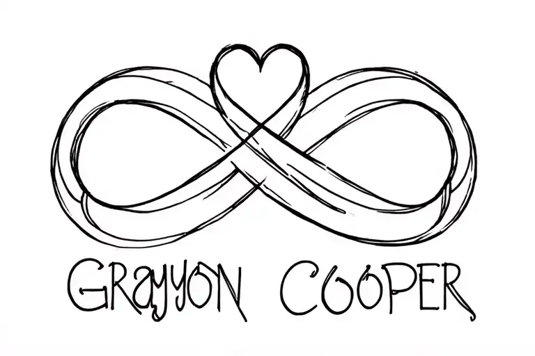 fine line tattoo with Grayson Cooper written within an infinity symbol with maybe a  heart  tattoo design idea