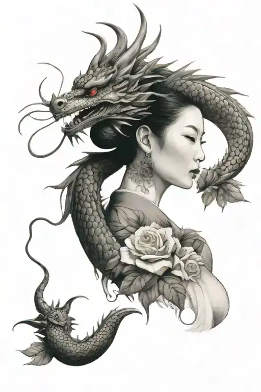 Japanese lady, dragon, roses tattoo design idea