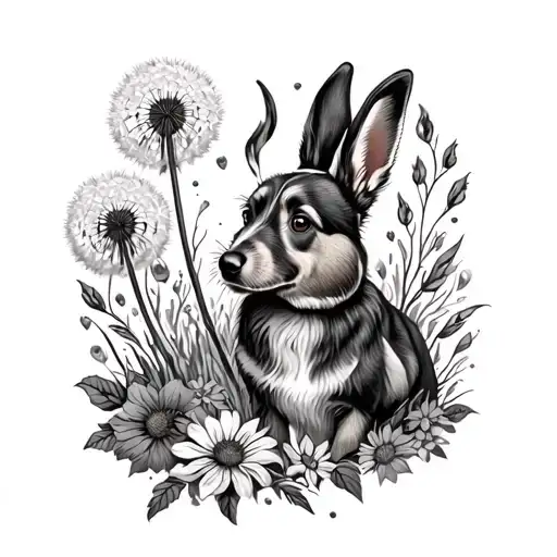 dandelions and dog and fire and rabbit and flowers tattoo sleeve  tattoo design idea