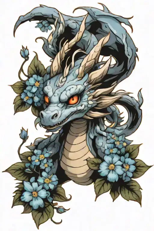 smokey dragon with small blue flowers growing tattoo design idea