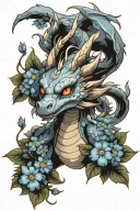 smokey dragon with small blue flowers growing tattoo design idea