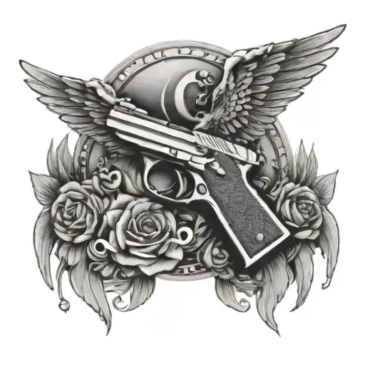 angle with wings holding a Glock  tattoo design idea