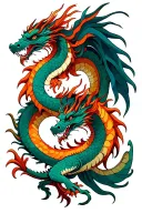 two dragons (one japanese, one korean), intertwined with one another as they fly togther with their heads pointed up tattoo design idea