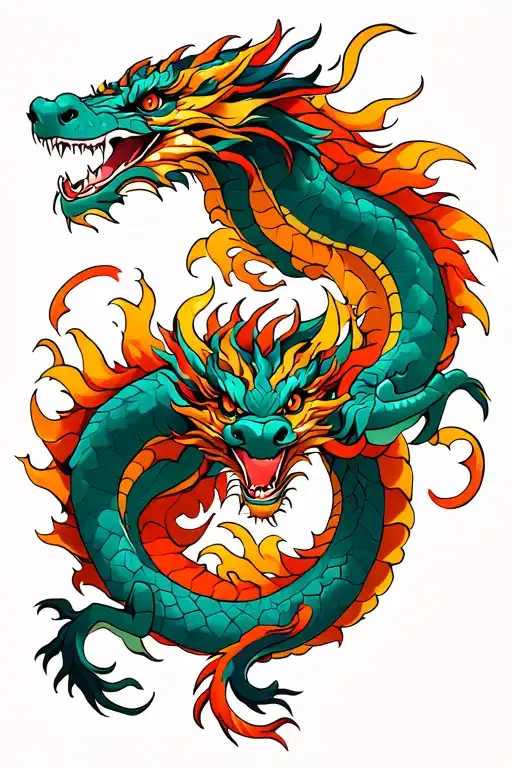 two dragons (one japanese, one korean), intertwined with one another as they fly togther with their heads pointed up tattoo design idea