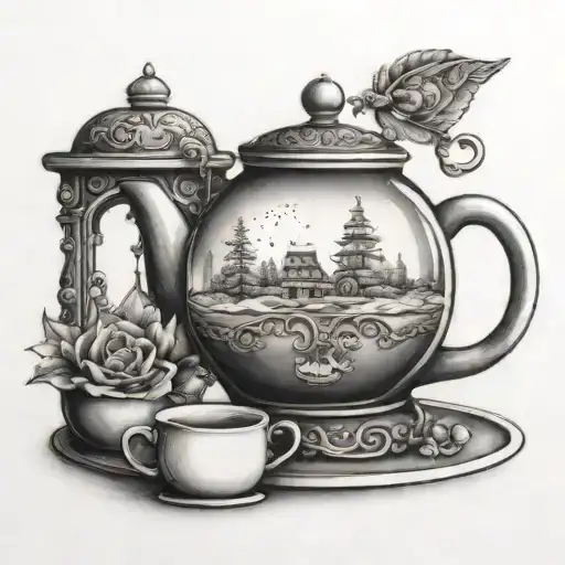 Snowglobe and Teapot and Tea cup tattoo design idea