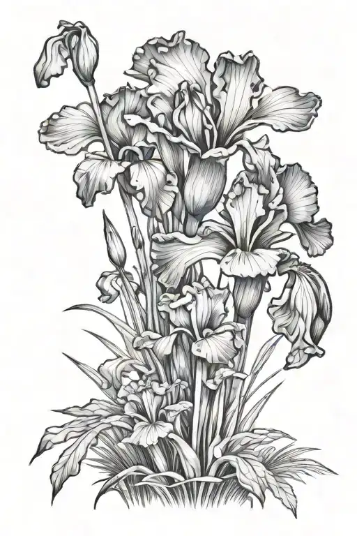 Iris, morel mushroom forest, cosmo flower tattoo design idea