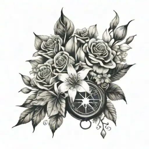 roses, cherry blossoms and lilies bouquet with compass tattoo design idea