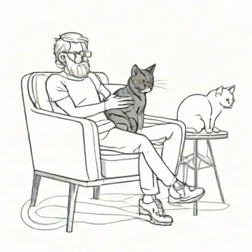 Male, sitting on a chair, sharing it with a black and white persian cat called Milly. Joined by an all black house cat c tattoo design idea