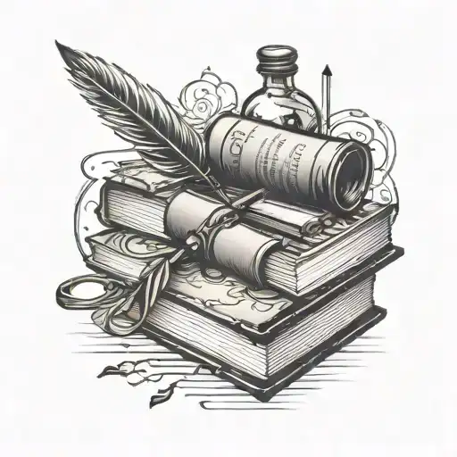 A unique tattoo design featuring a stack of books with a quill pen and ink bottle, reflecting Giulia's occupation as a writer tattoo design idea