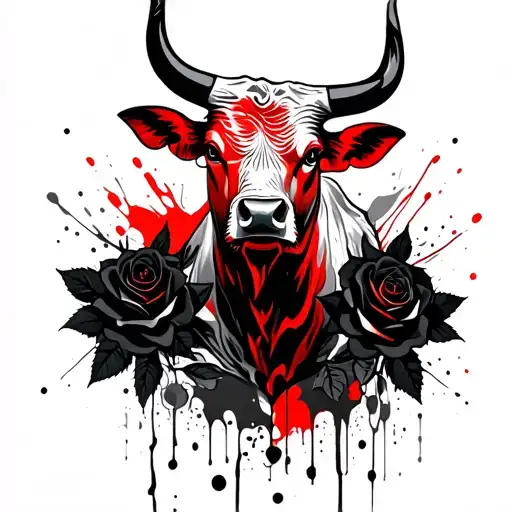Bull, black roses and leaves in the background tattoo design idea