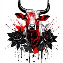 Bull, black roses and leaves in the background tattoo design idea