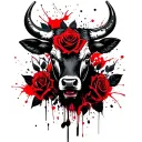 Bull, black roses and leaves in the background tattoo design idea
