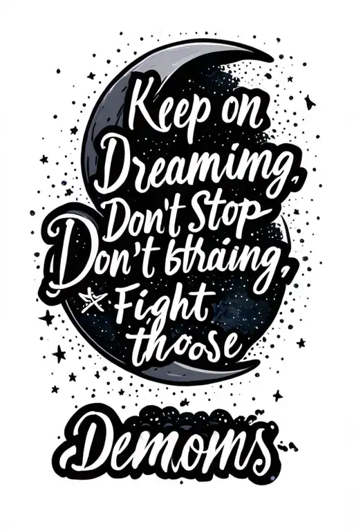 Quote in cursive: "Keep on dreaming. Don't stop breathing. Fight those demons." Pretty, colorful, moon, galaxy tattoo design idea