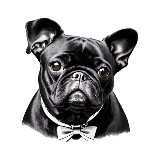 female Black Pug wearing bow collar bone piece tattoo design idea