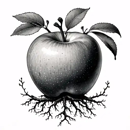outlined hand drawn apple tree with roots and no leaves. keep simple and realistic tattoo design idea